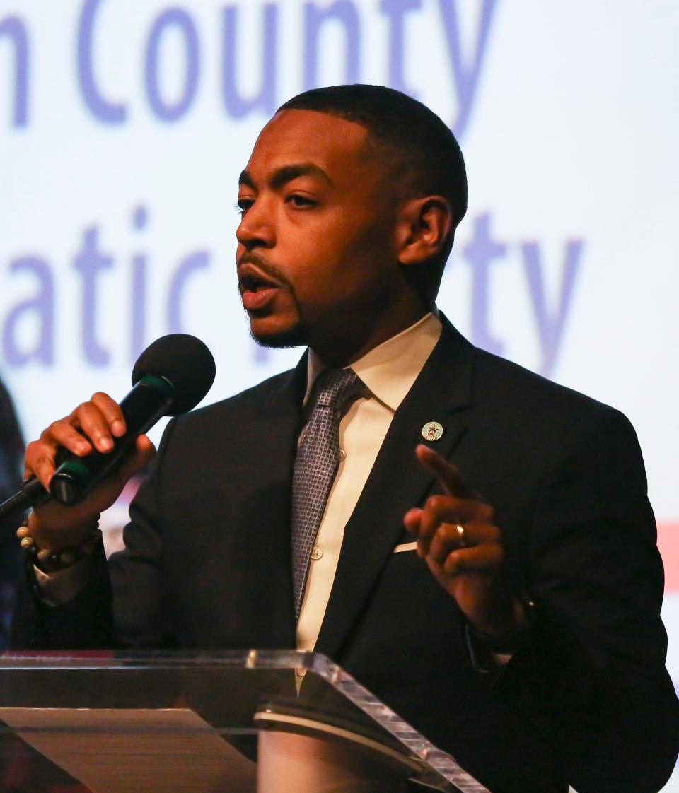 Shannon Hardin gives his speech after being re-elected to the Columbus City Council during the Franklin County Democrat election night party at Strongwater in Columbus, Ohio Nov. 2.