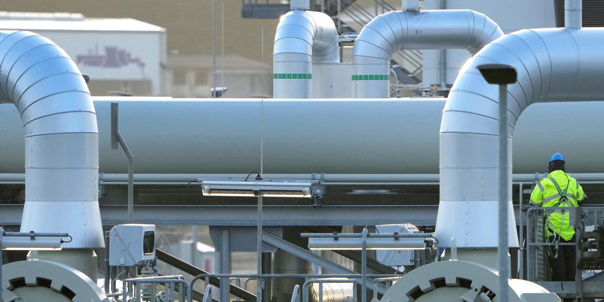 Pipes at the landfall facilities of the 'Nord Stream 2' gas pipline are pictured in Lubmin, northern Germany, on Feb. 15, 2022..