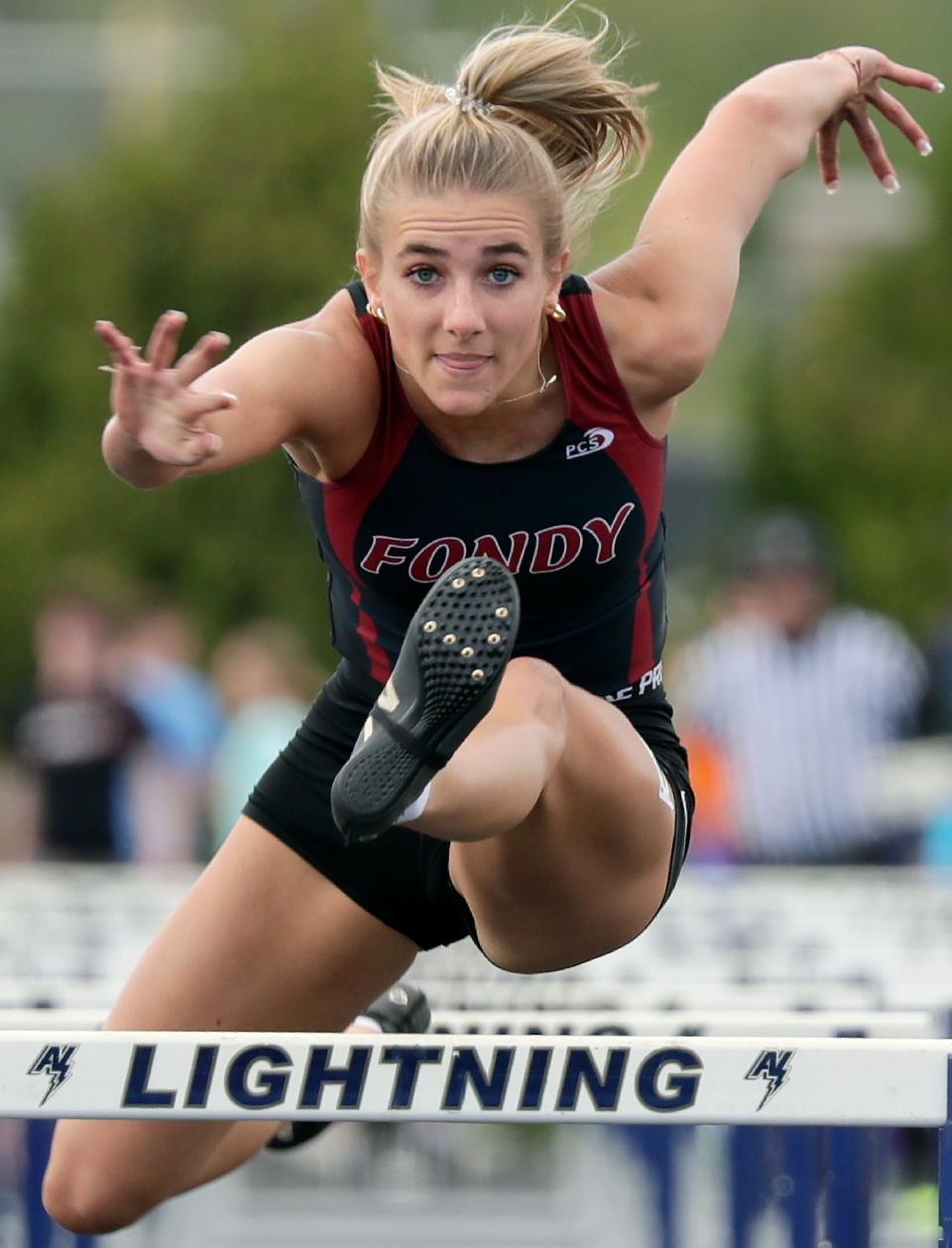 Fond du Lac High School's Sydney Arndt in the 100m hurdles finals during the Fox Valley Association conference track meet on Monday, May 16, 2022 at Appleton North High School in Appleton, Wis.