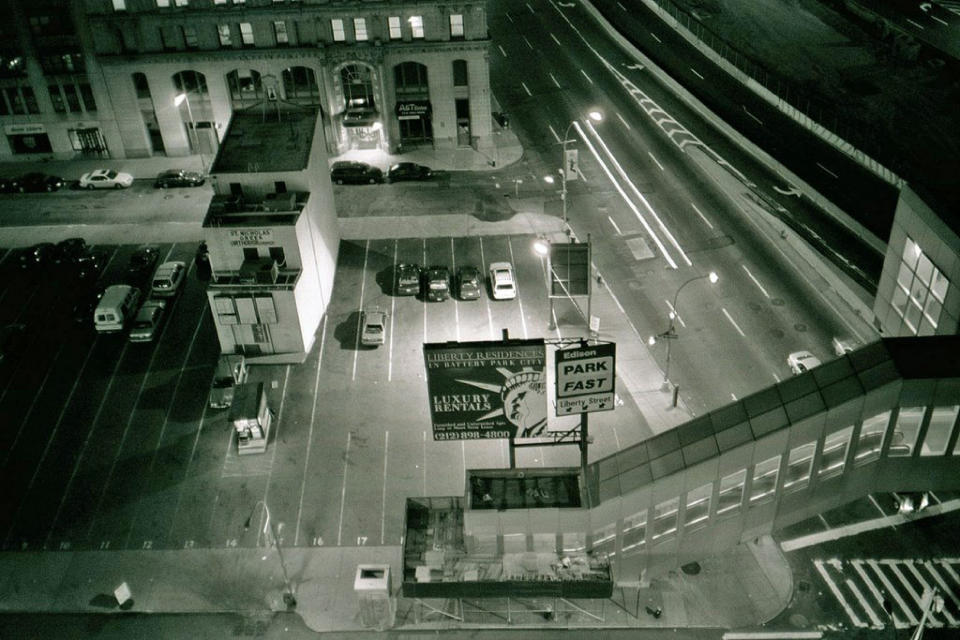 This mid 1990s photo provided by the Greek Orthodox Archdiocese of America shows St. Nicholas Greek Orthodox Church in a parking lot in New York's Financial District. St. Nicholas was the only house of worship destroyed in the Sept. 11, 2001 attacks. After a rebuilding process that lasted more than two decades, the church that was destroyed in the Sept. 11 attacks has reopened at the World Trade Center site. The St. Nicholas Greek Orthodox Church and National Shrine, designed by architect Santiago Calatrava, now overlooks the Trade Center memorial pools from an elevated park. (Greek Orthodox Archdiocese of America via AP)