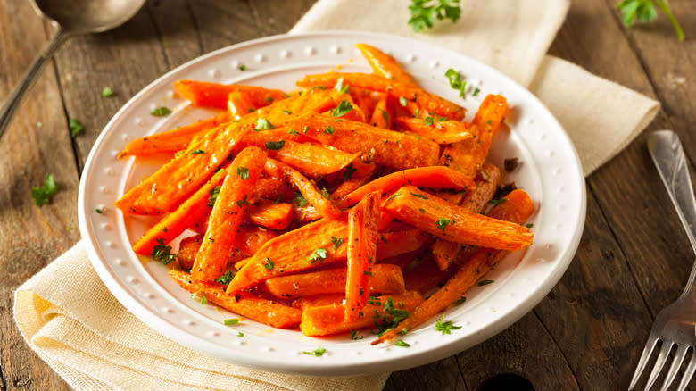 Glazed carrot pieces in dish