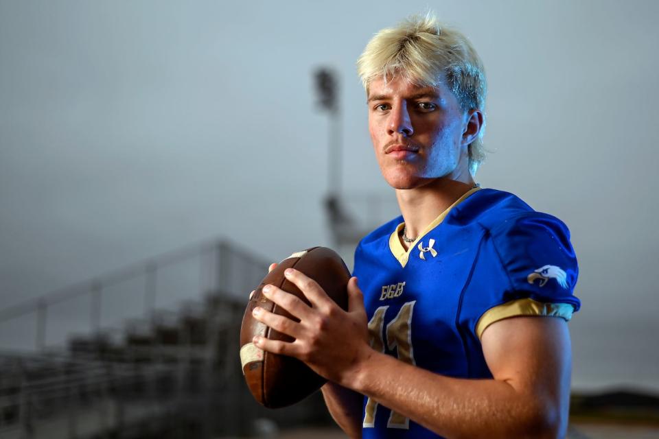 Wall senior quarterback Burk Blasius has thrown for over 5,000 yards with 69 touchdowns in his high school career heading into the Eagles game at Hamlin in the 9AA quarterfinals.