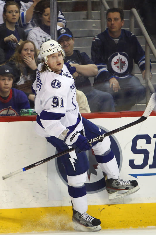 WINNIPEG, MB - FEBRUARY 23: Steven Stamkos #91 of the Tampa Bay Lightning celebrates his goal during their NHL game against the Winnipeg Jets at MTS Centre on February 23, 2012 in Winnipeg, Manitoba, Canada. (Photo by Tom Szczerbowski/Getty Images)