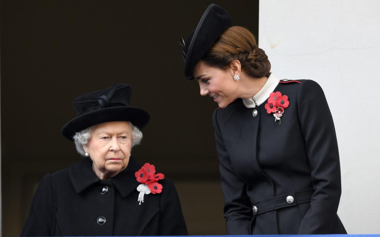 Queen Elizabeth II and Catherine, Duchess of Cambridge attend the annual Remembrance Sunday memorial at The Cenotaph on November 11, 2018 in London - WireImage