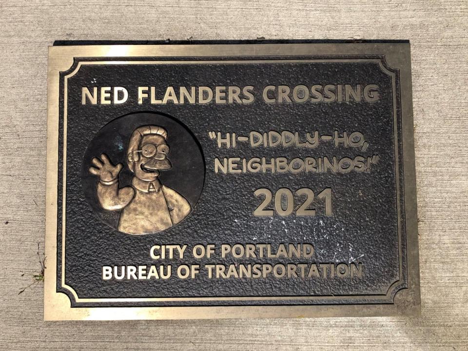 The character of Ned Flanders has been immortalised on a bridge over an interstate (Mike MacEacheran)