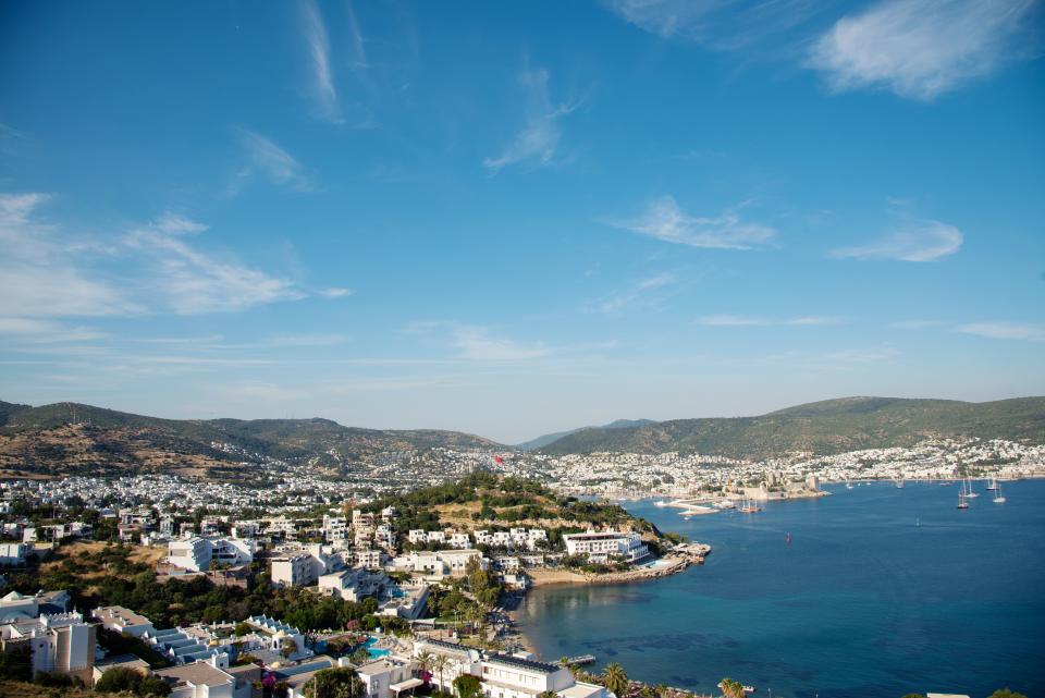 Wide angle view of a seaside town on Turkey's Mediterranean coast.