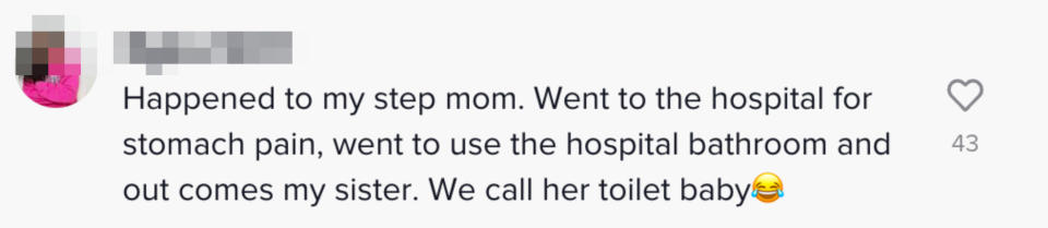 The comment says "Happened to my step mom. Went to the hospital for stomach pain, went to use the hospital bathroom and out comes my sister. Wee call her toilet baby"