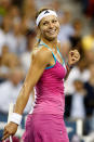 NEW YORK, NY - SEPTEMBER 02: Maria Kirilenko of Russia celebrates her win over Christina McHale during Day Five of the 2011 U.S. Open at the USTA Billie Jean King National Tennis Center on September 2, 2011 in the Flushing neighborhood of the Queens borough of New York City. (Photo by Mike Stobe/Getty Images for USTA)