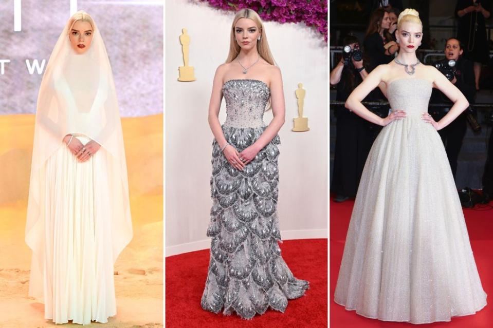 From left: Wearing three showstoppers from Dior, Anya Taylor-Joy attends the world premiere of “Dune: Part Two” in London, poses on the red carpet at the 96th Academy Awards in March and celebrates the “Furiosa: A Mad Max Saga” screening at the 77th Cannes Film Festival in mid-May. Images: Getty