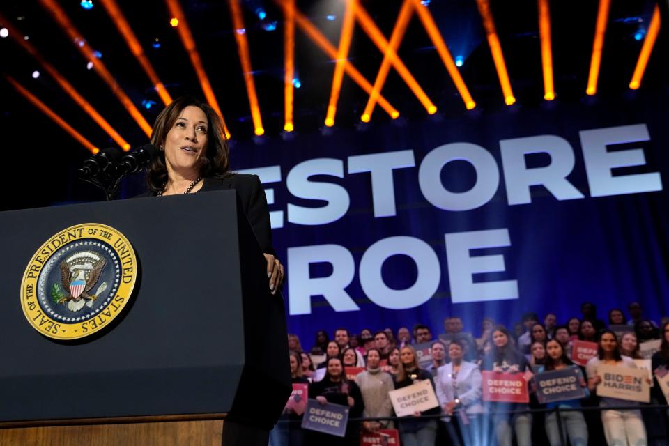 Vice President Kamala Harris speaks before President Joe Biden at an event on the campus of George Mason University in Manassas, Va., Tuesday, Jan. 23, 2024, to campaign for abortion rights, a top issue for Democrats in the upcoming presidential election.