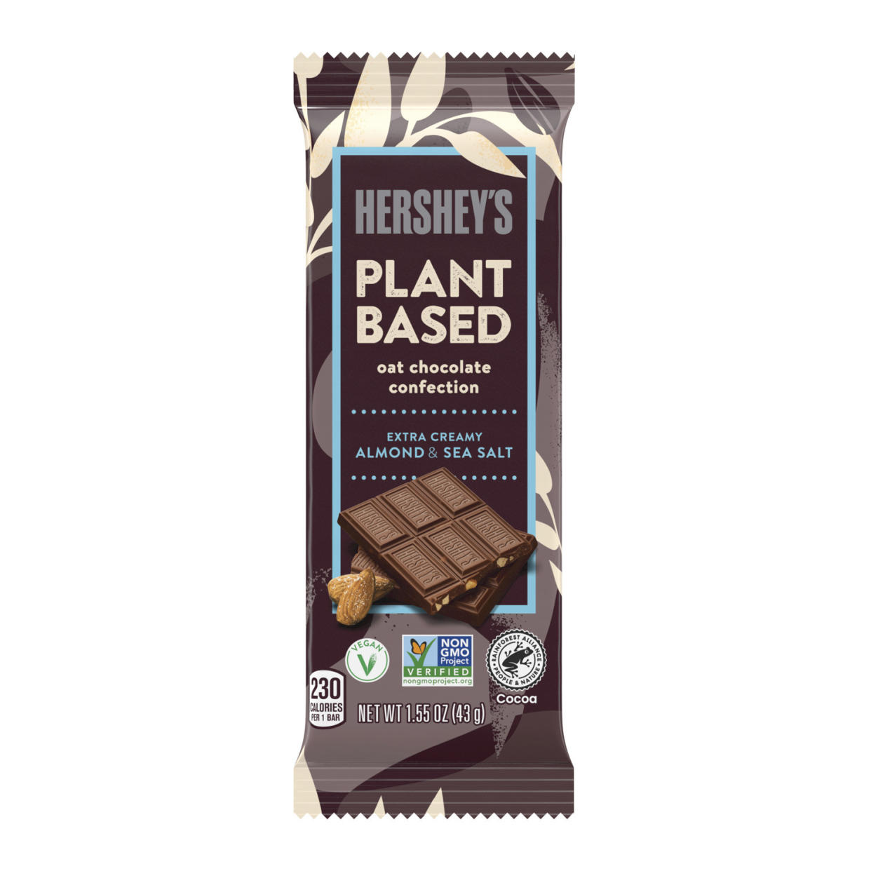 This image provided by The Hershey Company shows the company's new Hershey’s plant-based extra creamy with almonds and sea salt. The company said Tuesday, March 7, 2023, that Reese’s plant-based peanut butter cups will be its first plant-based chocolate sold nationally when they go on sale in March. A second vegan offering, Hershey’s plant-based extra creamy with almonds and sea salt, will follow in April. (The Hershey Company via AP)