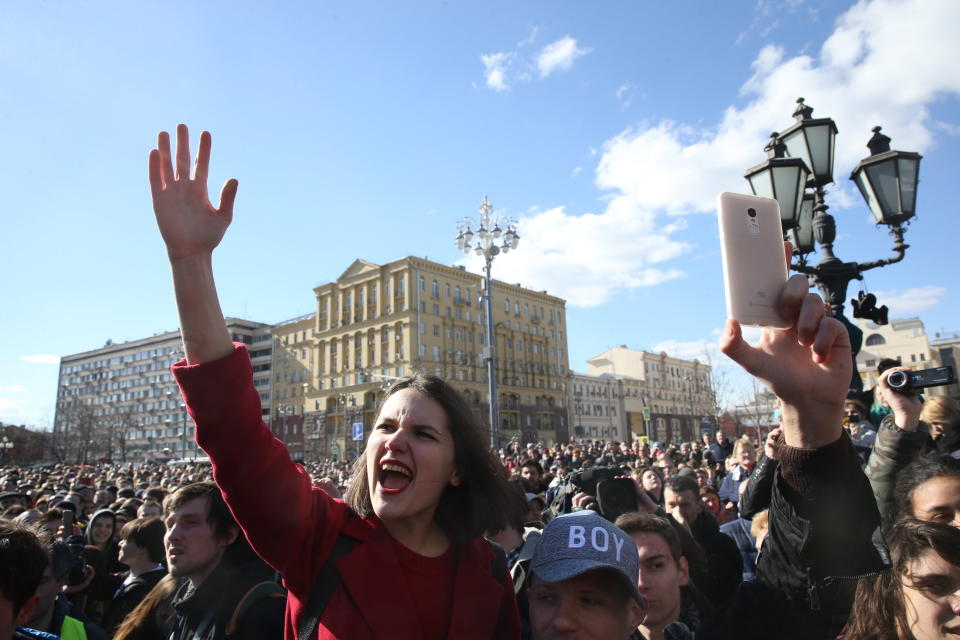 Opposition activists rally&nbsp;in front of the Pushkin monument in Moscow's Pushkinskaya Square.