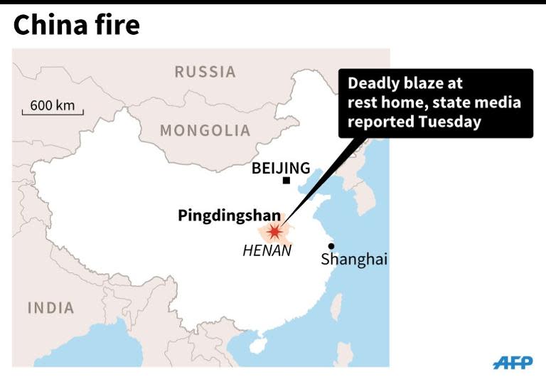 Map locating Pingdingshan in China where a blaze at a rest home has left 38 people dead and six injured