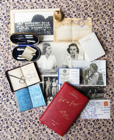 <p>Courtesy India Hicks</p> A collection of some of Lady Pamela's mementos, laid out on one of India Hicks' silk scarves in the book