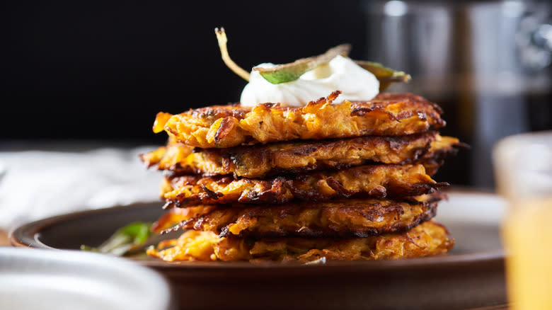 stack on latkes on table