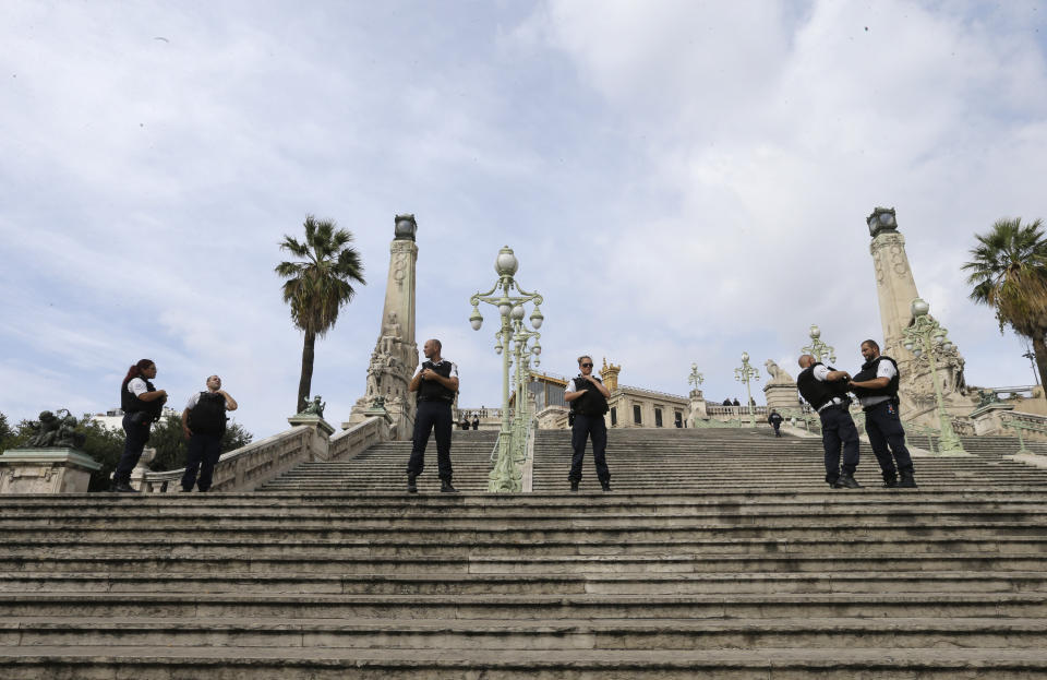 <p>French police officers block access on the stairs leading to Marseille ‘s main train station, Sunday, Oct. 1, 2017 in Marseille, southern France. French police warn people to avoid Marseille’s main train station amid reports of knife attack, assailant shot dead. (AP Photo/Claude Paris) </p>