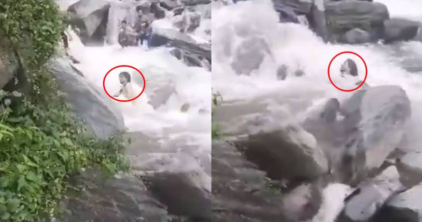 印度一名男子跟友人去當地一處瀑布戲水，卻因溪水突然暴漲被沖走，不幸身亡。（圖／翻攝@Gagan4344推特）