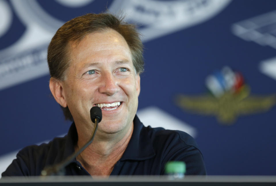 FILE- In this May 18, 2017, file photo, former race car driver John Andretti speaks during a press conference at Indianapolis Motor Speedway in Indianapolis. Andretti, a member of one of racing's most families, has died following a battle with colon cancer, Andretti Autosports announced Wednesday, Jan. 30, 2020. He was 56. (AP Photo/Michael Conroy, File)