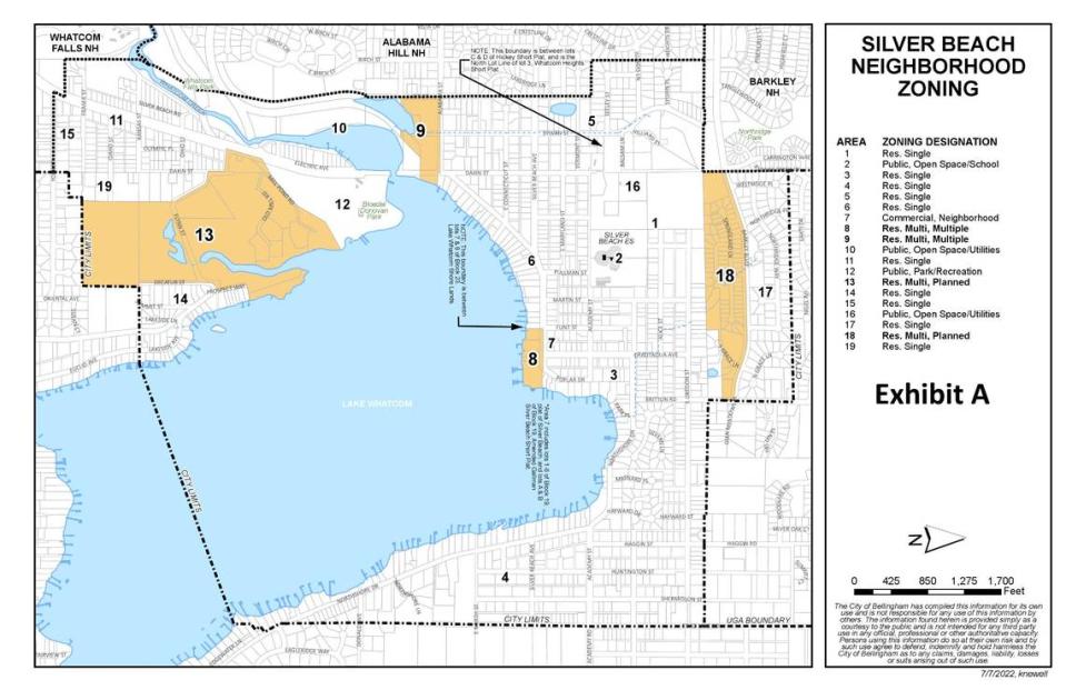 Colored areas on a Silver Beach zoning map show where the Bellingham, Wash., City Council July 11, 2022, approved for one year an emergency ordinance restricting permits and applications for multi-family construction.