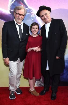 (L-R) Director Steven Spielberg and cast members Ruby Barnhill and Mark Rylance attend the premiere of "The BFG" in Los Angeles, U.S., June 21, 2016. REUTERS/Phil McCarten