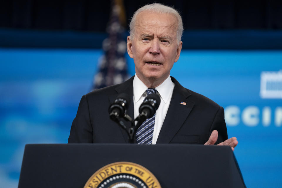 President Joe Biden delivers remarks about COVID vaccinations in the South Court Auditorium at the White House, Wednesday, May 12, 2021, in Washington. (AP Photo/Evan Vucci)