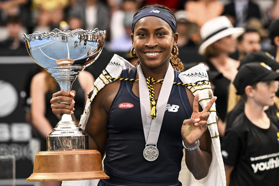 Coco Gauff of the United States poses with her trophy after defeating Elina Svitolina of Ukraine in the final of the ASB Tennis Classic in Auckland, New Zealand, Sunday, Jan. 7, 2024. (Andrew Cornaga/Photosport via AP)