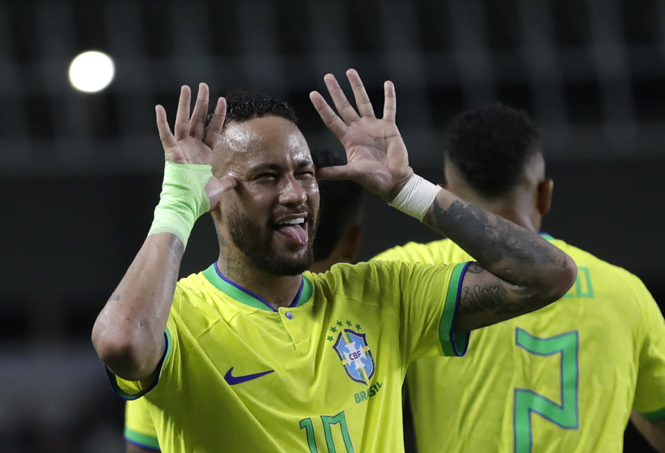 Brazil's Neymar celebrates scoring his side's 5th goal against Bolivia during a qualifying soccer match for the FIFA World Cup 2026 at Mangueirao stadium in Belem, Brazil, Friday, Sept. 8, 2023. (AP Photo/Bruna Prado)