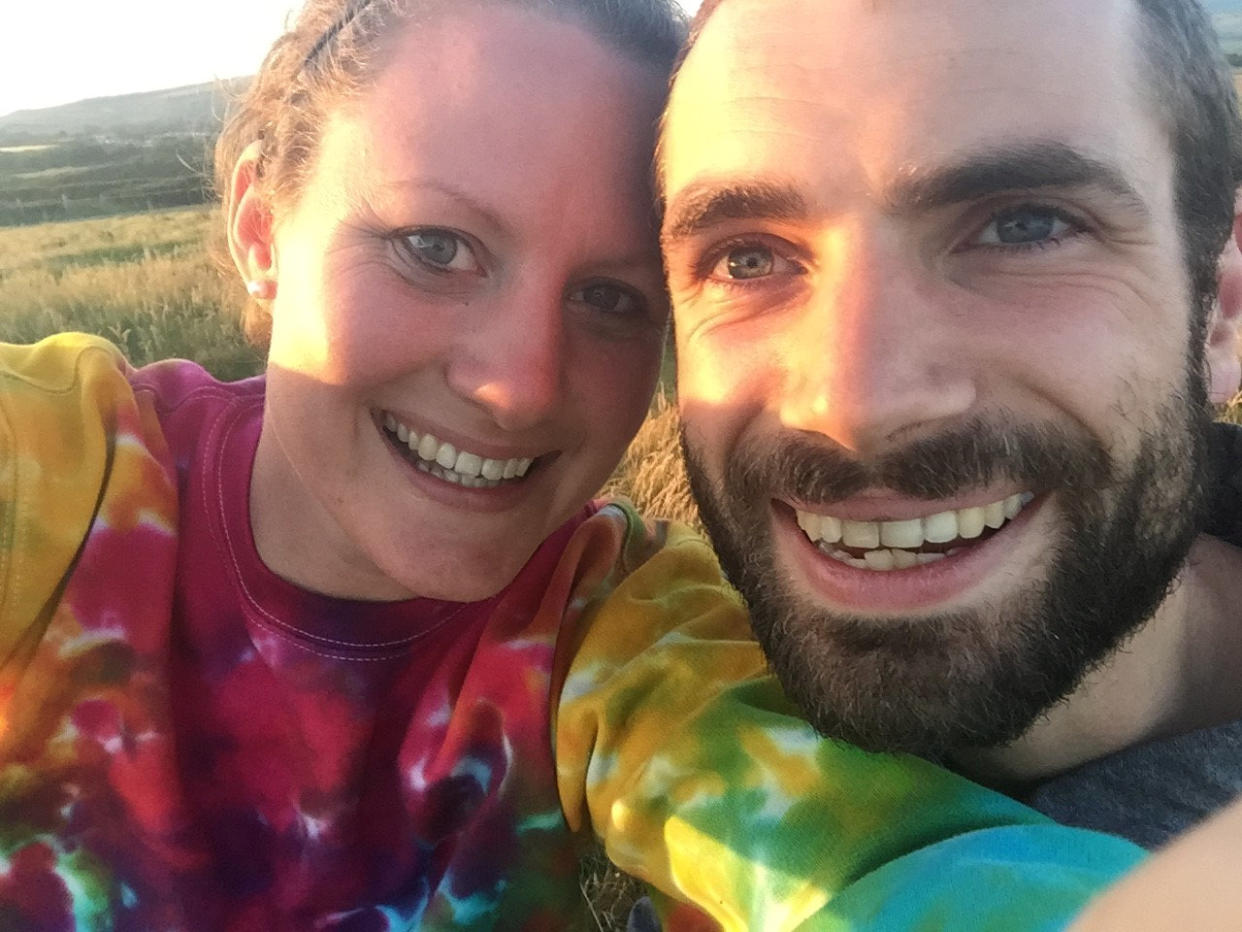 Jess Potter pictured with her partner Davey Brown who shop second hand including all Christmas gifts. (Jess Potter/SWNS)