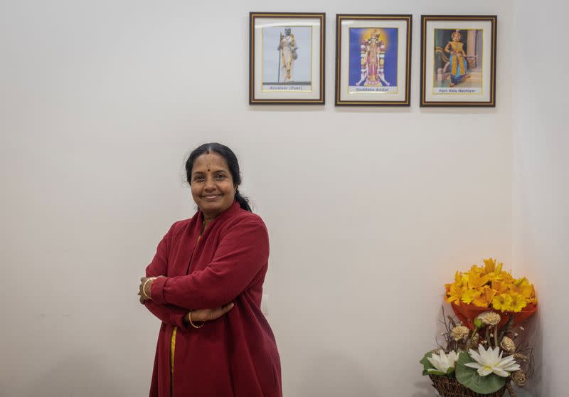 Vanathi Srinivasan, national president of women's wing of India's ruling BJP poses for a photograph inside the party's office in New Delhi