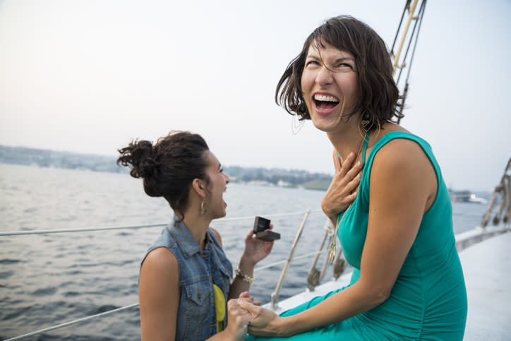 A woman proposing to her fiancee