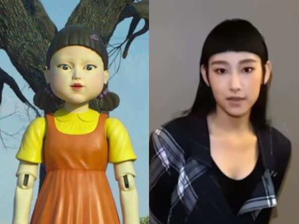 網友發現女歌手炎明熹與《魷魚遊戲》巨型娃娃撞臉。（圖／翻攝自netflixkr、炎明熹IG）