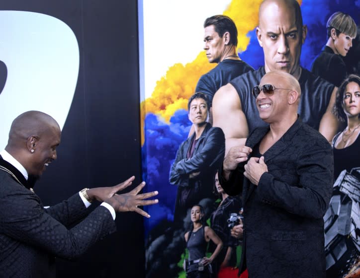 Tyrese Gibson and Vin Diesel joke around at the "F9" premiere at TCL Chinese Theatre on Friday, June 18, 2021.