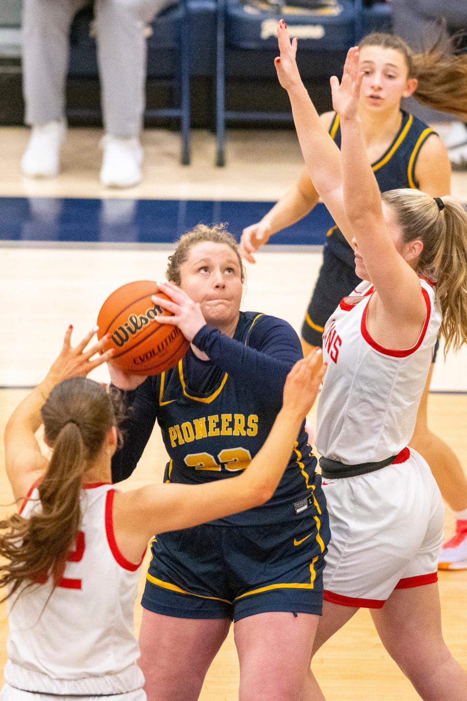 Mooresville High School senior Rachel Harshman (33) shoots during the second half of an IHSAA Class 4A Sectional championship basketball game against Center Grove High School, Saturday, Feb. 3, 2024, at Mooresville High School. Center Grove won 61-41.