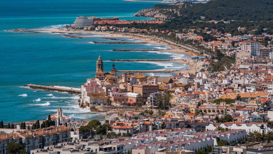 aerial view of the touristic town of sitges in barcelona, catalonia, spain
