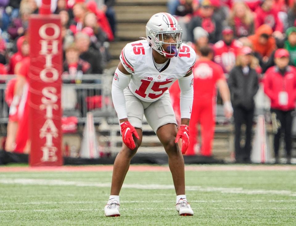 Ohio State Buckeyes safety Tanner McCalister (15) practices during the spring football game at Ohio Stadium in Columbus on April 16, 2022.