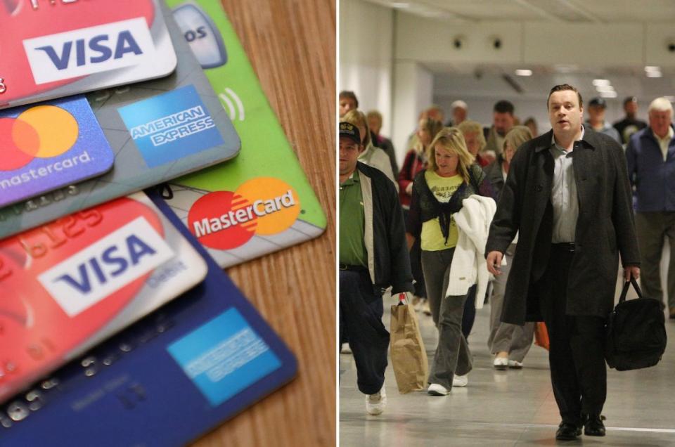 Compilation image of credit cards and people walking in an airport