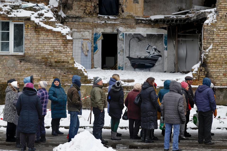 The elusive British artist posted a video to Instagram last week that suggested he’s behind the spray-painted artworks that have appeared across the Ukrainian capital this month (Getty Images)