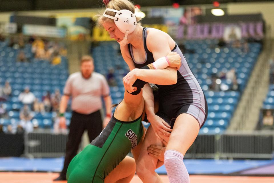 Washburn Rural's Addison Broxterman faces off with Blue Valley Southwest's Hannah Glynn  in last year's state title match. Broxterman took second in the state as sophomore and junior.
