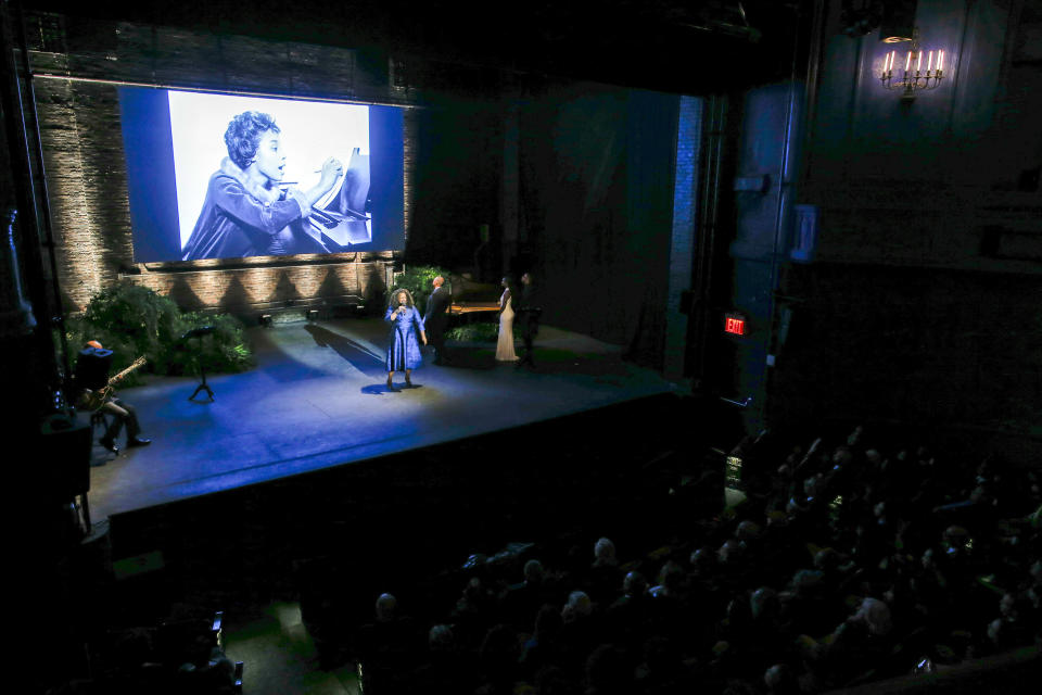 American singer Dianne Reeves performs during the memorial for actress Diahann Carroll at the Helen Hayes Theater on Sunday, Nov. 24, 2019 in New York. (AP Photo/Eduardo Munoz Alvarez)