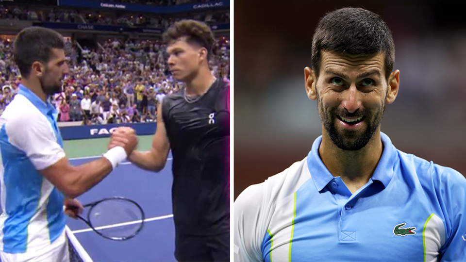 Novak Djokovic and Ben Shelton shake hands and Djokovic smiles.