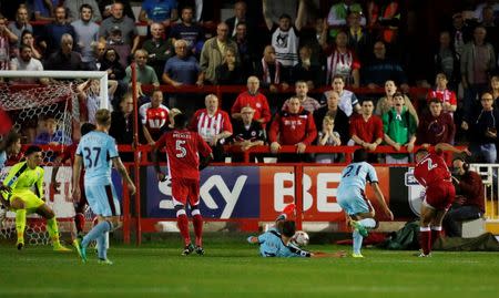 Football Soccer Britain - Accrington Stanley v Burnley - EFL Cup Second Round - Wham Stadium - 24/8/16 Accrington Stanley's Matthew Pearson scores their first goal Action Images via Reuters / Ed Sykes