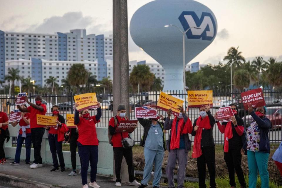 On Feb. 9, 2023, VA nurses rallied outside the VA Hospital in Miami for fair pay and quality patient care.