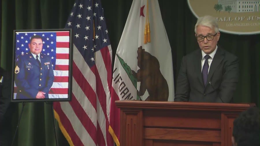 L.A. County District Attorney George Gascón speaking at a press conference on April 11, 2024 as charges against four suspects in the shooting death of Long Beach veteran Mario Morales-Moreno were announced. (KTLA)