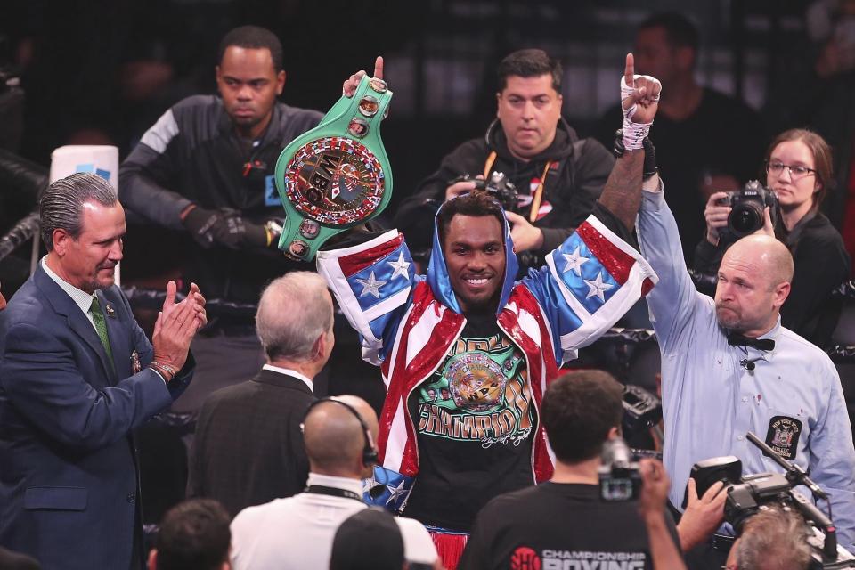 Jermall Charlo celebrates after defending the WBC middleweight boxing title with TKO in seventh round against contender Dennis Hogan, Saturday, Dec. 7, 2019, in Brooklyn. (AP Photo/Vera Nieuwenhuis)