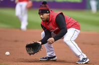 Cleveland Guardians first baseman Josh Naylor fields a ground ball during workouts, Thursday, Oct. 6, 2022, in Cleveland, the day before their a MLB wild card baseball playoff game against the Tampa Bay Rays. (AP Photo/David Dermer)