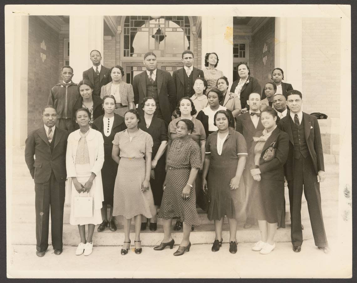 I. M. Terrell High School faculty on the steps of the newly-opened school building during the late 1930s.