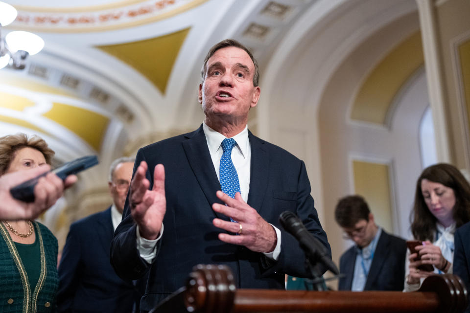 WASHINGTON - DECEMBER 5: Sen. Mark Warner, D-Va., speaks during the Senate Democrats' weekly news conference in the Capitol on Tuesday, December 5, 2023. (Bill Clark/CQ-Roll Call, Inc via Getty Images)