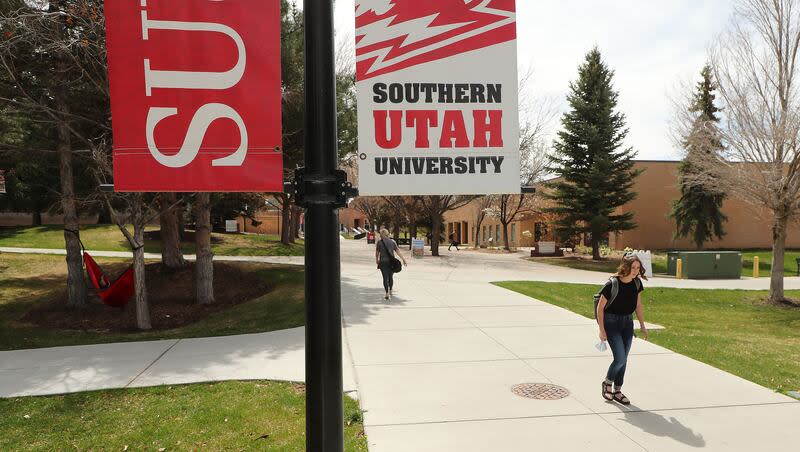 People walk on the Southern Utah University campus in Cedar City on Wednesday April 7, 2021.