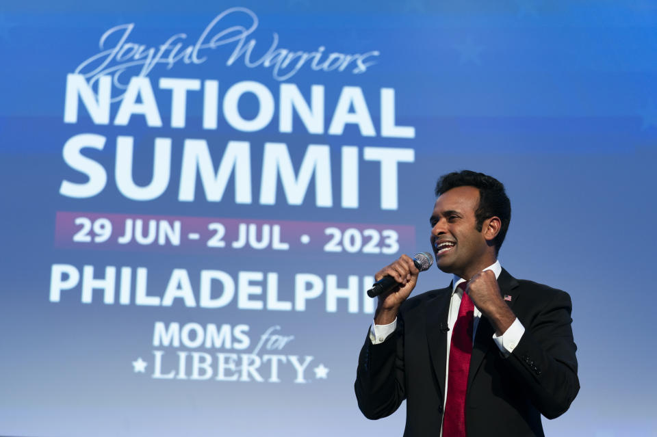 Republican presidential candidate and businessman Vivek Ramaswamy speaks at the Moms for Liberty meeting in Philadelphia, Saturday, July 1, 2023. (AP Photo/Matt Rourke)