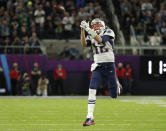 <p>New England Patriots quarterback Tom Brady (12) can’t make a catch thrown by wide receiver Danny Amendola, during the first half of the NFL Super Bowl 52 football game against the Philadelphia Eagles, Sunday, Feb. 4, 2018, in Minneapolis. (AP Photo/Charlie Neibergall) </p>